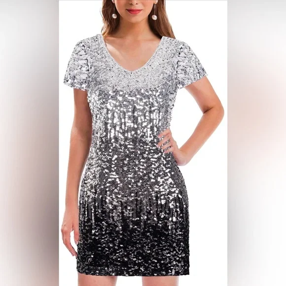 MANER Women's Sequin Glitter Short Sleeve Dress Sexy V Neck Mini Party Club Bodycon Gowns(L, Silver/Gray/Black) MANER Women's Sequin Glitter Short Sleeve Dress Sexy V Neck Mini Party Club Bodycon Gowns(L, Silver/Gray/Black)